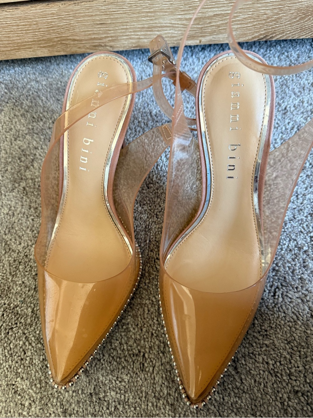 Gianni Bini Nude Patent Pointed-Toe Slingback Heels with Clear Panels